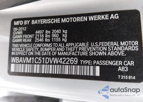 2013 BMW X1 Sdrive28I from USA, damaged, VIN WBAVM1C51DVW42269